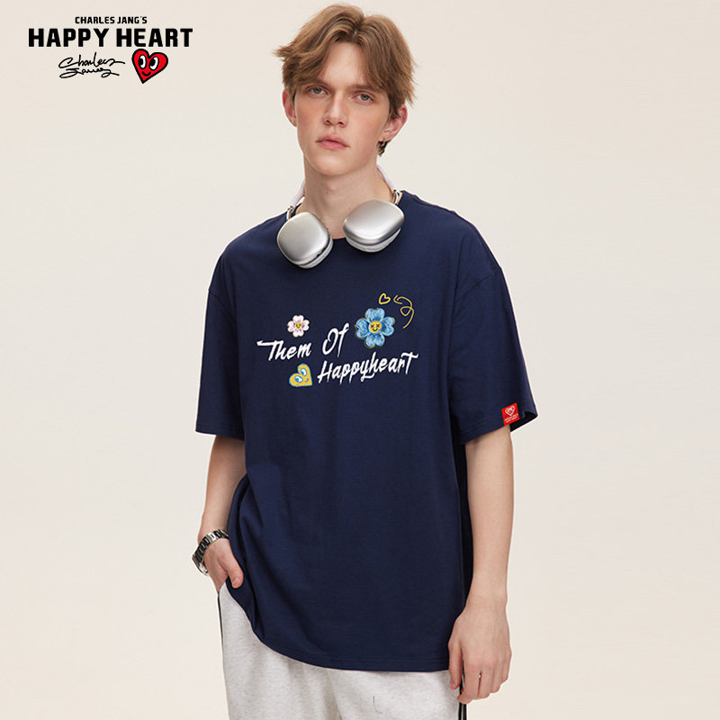 查尔斯桃心 花朵字母涂鸦印花纯棉圆领短袖T恤男夏季宽松休闲上衣