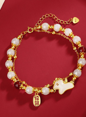 S925和田玉招财小马叠戴手链百搭新中式小众手饰女送礼物送女友