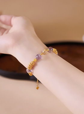 纯银猫眼珠天然白水晶紫水晶手串女新中式轻奢高级感手链新年礼物