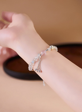 S925纯银天然淡水珍珠白水晶粉水晶手串女轻奢小众高级感流苏手链