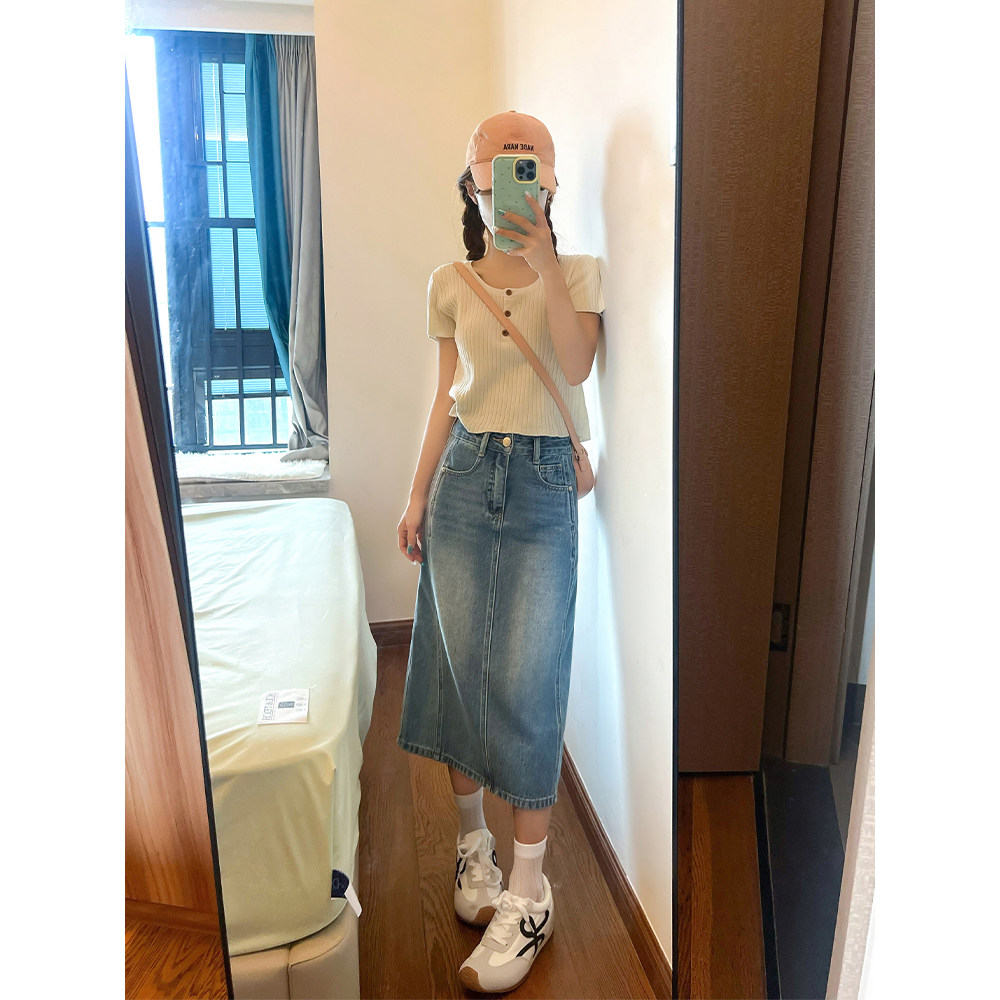 王家有鱼小个子春夏季新款中长裙显瘦薄款复古A字牛仔半身裙女款