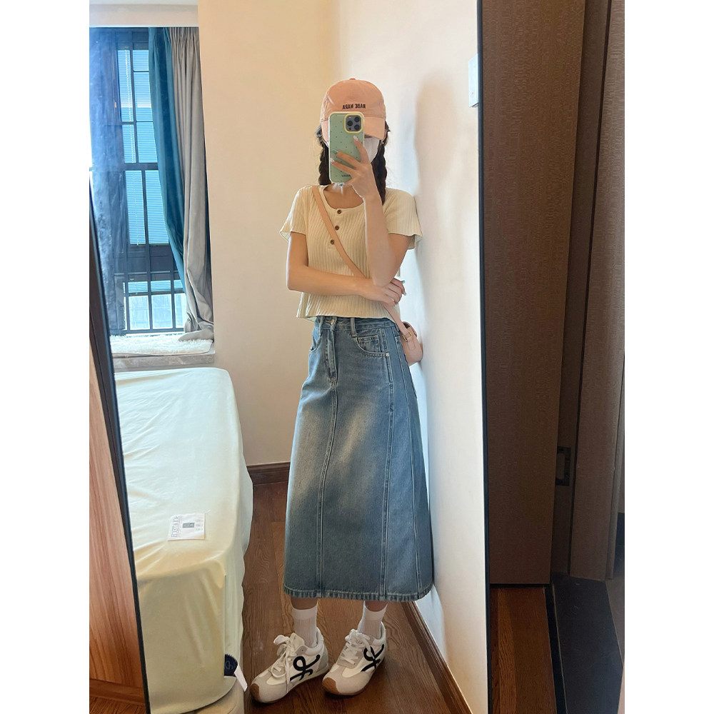 王家有鱼小个子春夏季新款中长裙显瘦薄款复古A字牛仔半身裙女款