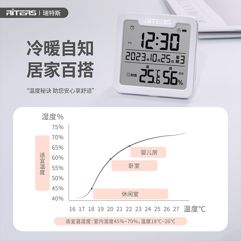 瑞特斯电子温湿度计家用室内婴儿房高精度数显表带时间日期闹钟 - 图3