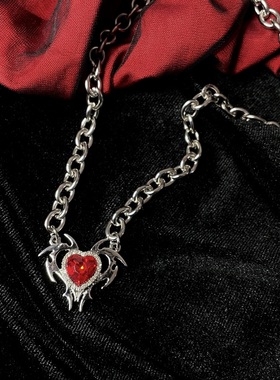 机能钛钢甜酷红色宝石钻饰项链