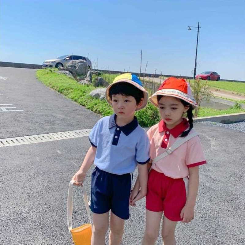 儿童时髦学院风套装2021夏季新款女童兄妹装韩版洋气短袖两件套潮
