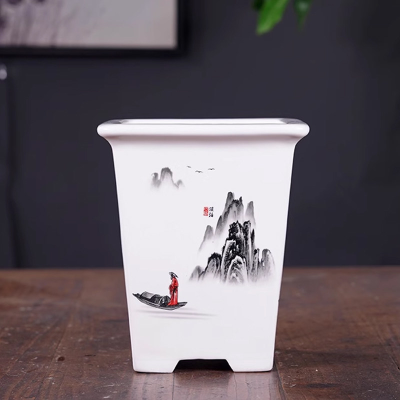 轻奢花盆陶瓷高四方签筒兰花悬崖造景盆栽盆彩绘贴画水墨山水中式,淘宝优惠券,粉丝福利购,淘宝优惠卷