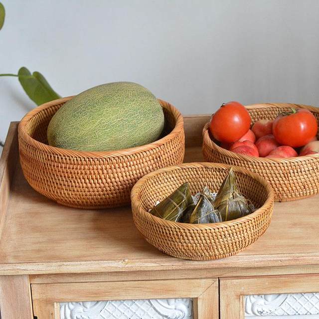 Rattan storage basket fruit basket rattan storage basket candy vegetable storage basket desktop household round three-piece set