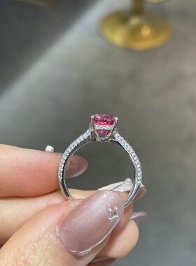 经典椭圆3克拉8*10mm培育粉色蓝宝石S925银女士订婚戒指高级感