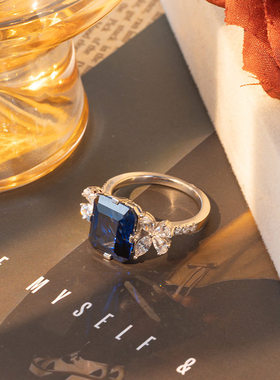 经典时尚个性方形戒指S925银镀金饰品欧美复古培育彩宝订婚指环