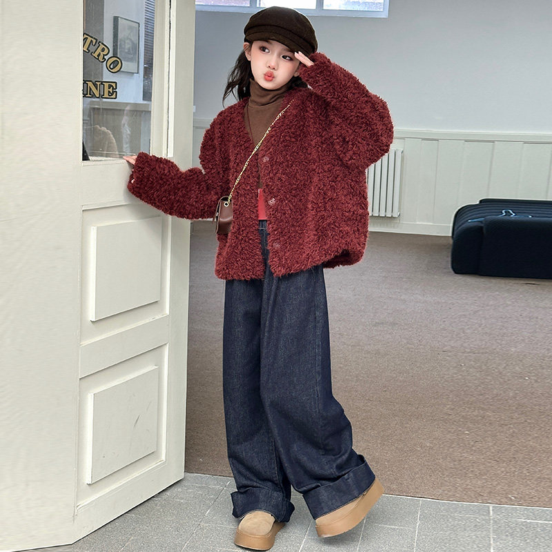 女童皮毛一体毛毛衣秋冬装2026新款儿童中大童打底衫牛仔裤三件套,淘宝优惠券,粉丝福利购,淘宝优惠卷