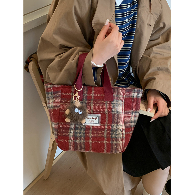 网红ins复古格纹毛呢托特包女大容量通勤手提包大学生单肩手拎包,淘宝优惠券,粉丝福利购,淘宝优惠卷