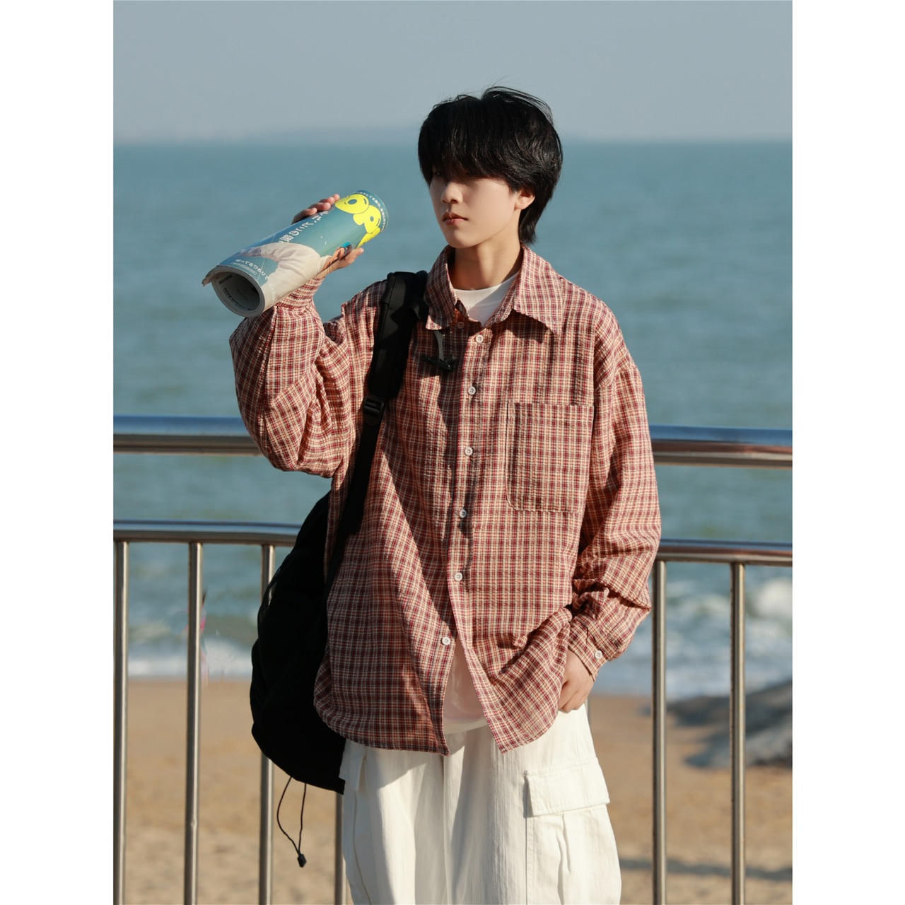 19otiwtt日系街头格子撞色长袖衬衫男女复古宽松bf风情侣休闲外套 - 图0