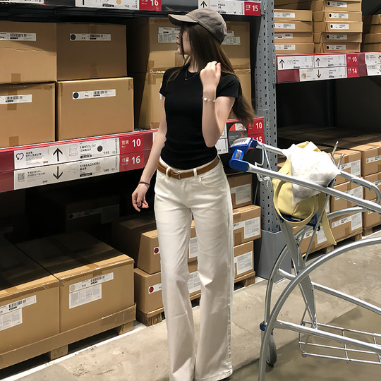 MYFC白色三防面料阔腿牛仔裤女2025小个子弹力高腰显瘦宽松直筒裤