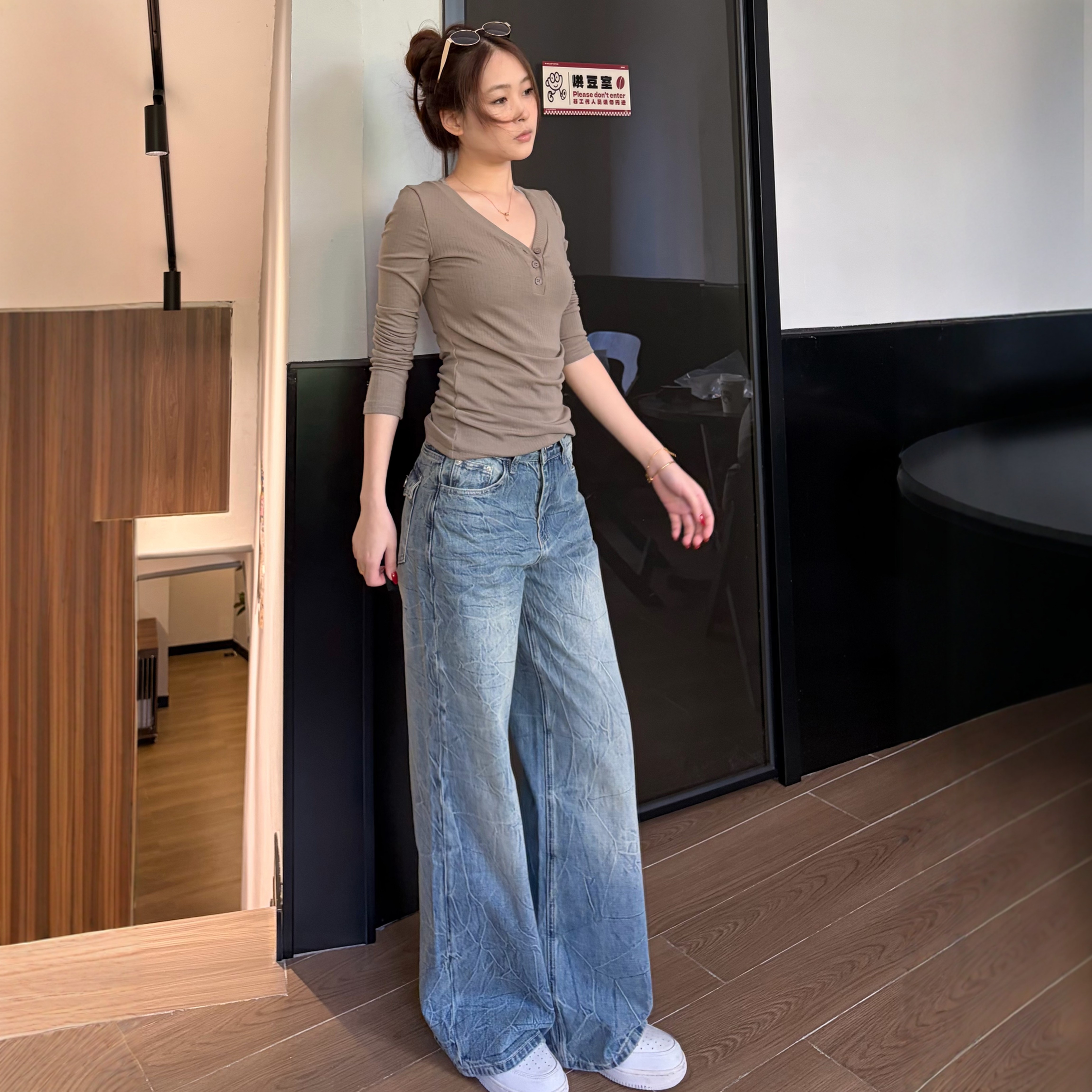 MY FAERIE绣标系列~低腰水洗宽松直筒美式复古牛仔裤女阔腿裤子,淘宝优惠券,粉丝福利购,淘宝优惠卷