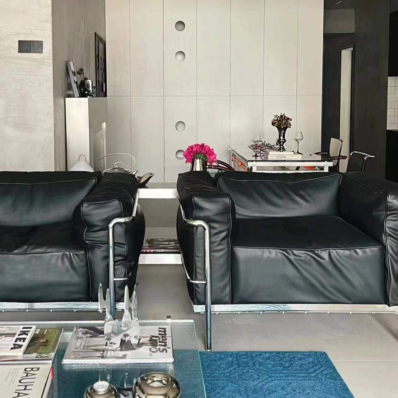 中古包豪沙发创意设计师单人沙发客厅真皮牛皮不锈钢LC2沙发椅 - 图1