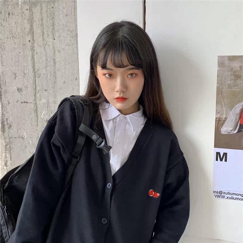 樱桃刺绣开衫2020秋冬新款韩版毛衣 陌丫毛针织衫