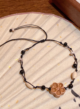 新中式桃木花朵手工编织手绳气质国风闺蜜手链女可调节甜美手饰品