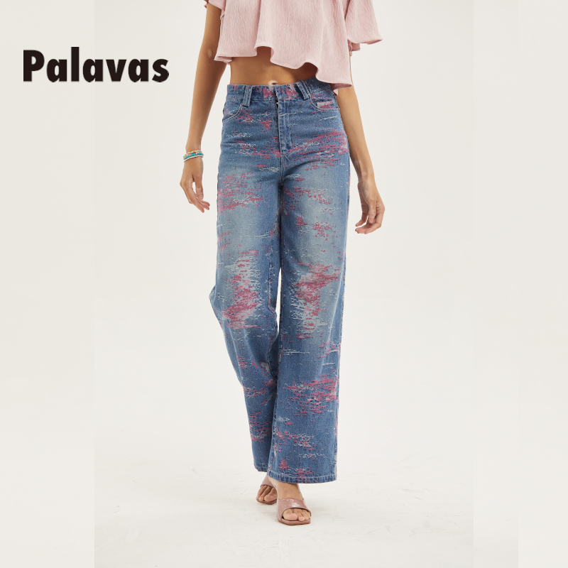 Palavas不规则印花丹宁牛仔裤深色刺绣高腰直筒裤原创设计师品牌 - 图1