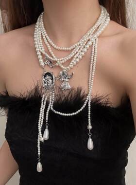 秋冬毛衣项链配饰高级感复古天使女王多层叠戴流苏珍珠长款choker