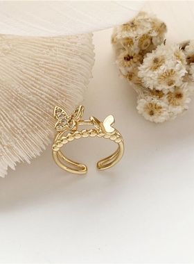 素圈蝴蝶戒指套装组合女简约冷淡风开口可调节食指戒时尚个性