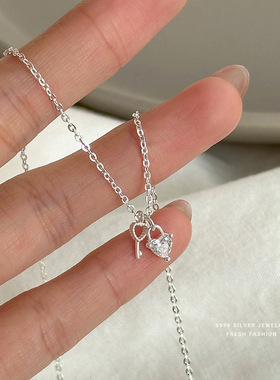 999纯银爱心项链锆石钥匙女
