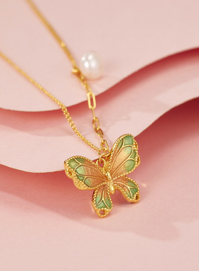 法国coss kokos925银珐琅彩渐变绿色蝴蝶珍珠项链女国潮高级感