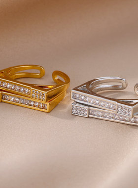 法国coss koko新款方框戒指小众时尚个性指环高级感排钻轻奢手饰