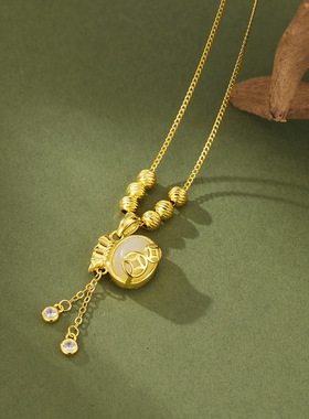 法国coss kokos925银和田玉招财钱袋项链女六六大顺转运珠流苏