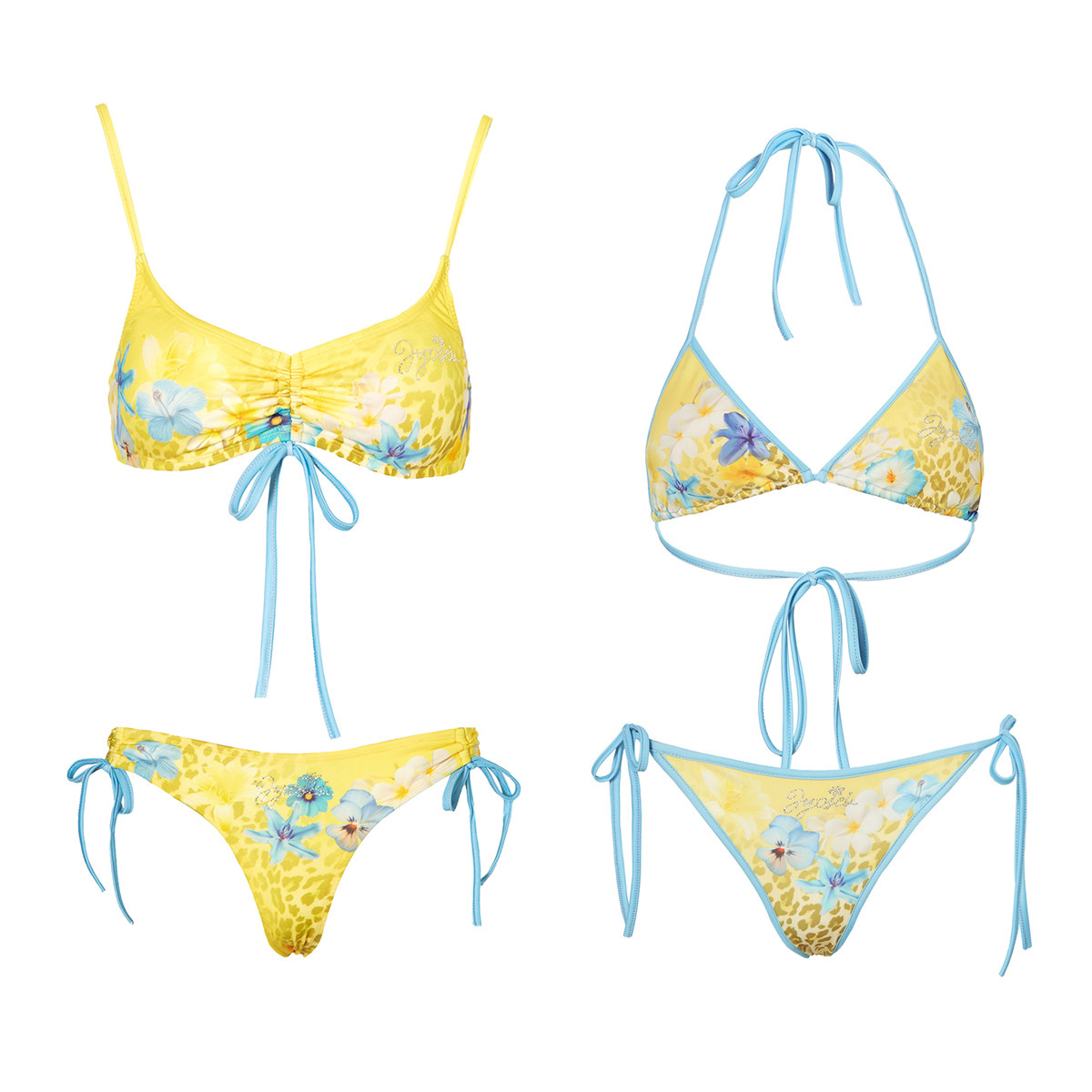 JYOSEI角色原创黄蓝撞色印花分体绑带三角杯抽绳版泳衣辣妹比基尼,淘宝优惠券,粉丝福利购,淘宝优惠卷