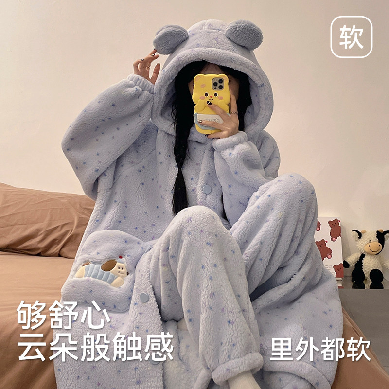 猫人睡袍女秋冬季珊瑚绒长款连帽加绒加厚法兰绒家居服套装可外穿,淘宝优惠券,粉丝福利购,淘宝优惠卷