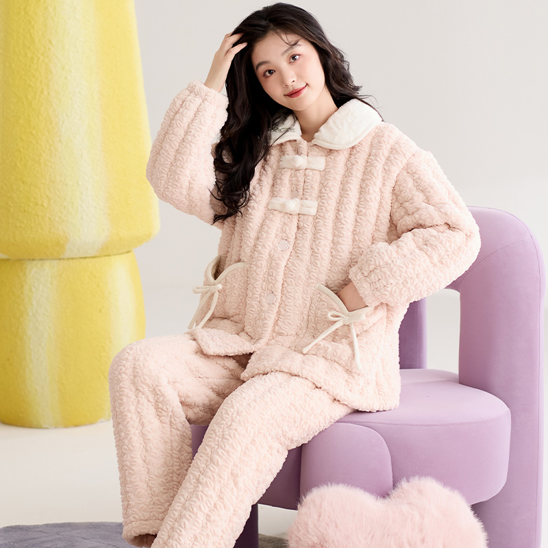 猫人夹棉睡衣女冬季三层加厚加绒棉袄秋冬款可爱珊瑚绒家居服套装