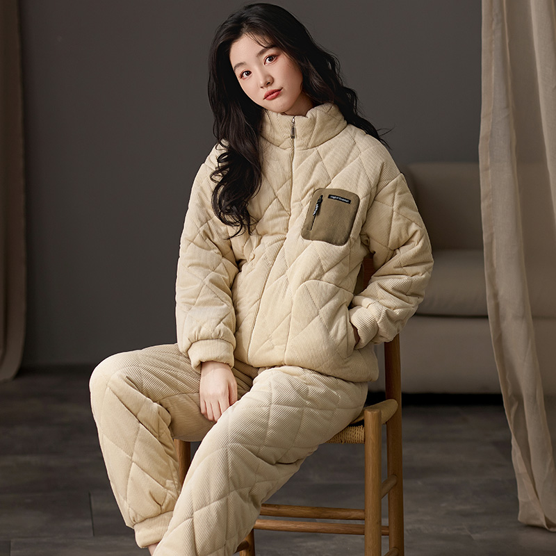 猫人睡衣女款冬季加绒加厚三层夹棉珊瑚绒秋冬款家居服套装可外穿