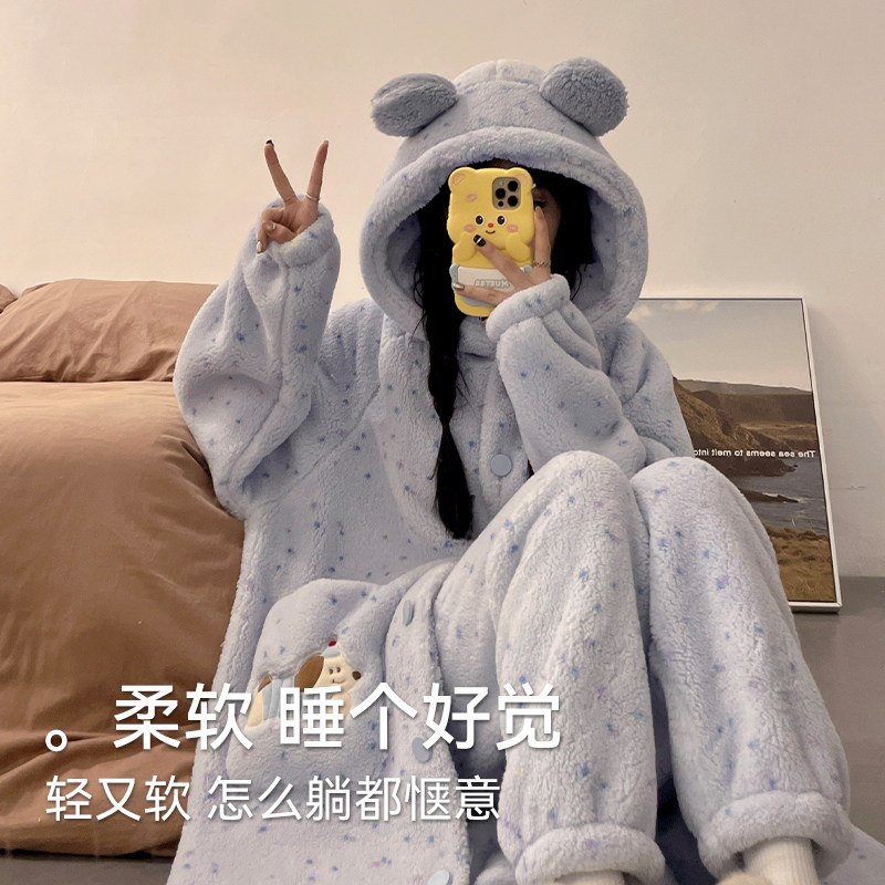 猫人睡袍女秋冬季珊瑚绒长款连帽加绒加厚法兰绒家居服套装可外穿,淘宝优惠券,粉丝福利购,淘宝优惠卷