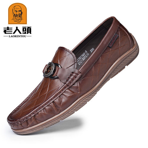 老人头品牌正品皮鞋男真皮春新款软底豆豆鞋男透气时尚休闲鞋乐福 - 图3
