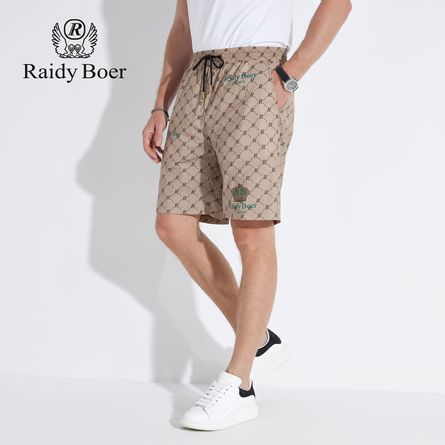 雷迪波尔男装休闲短裤2025夏季新款抽绳松紧中腰印花潮流修身短裤
