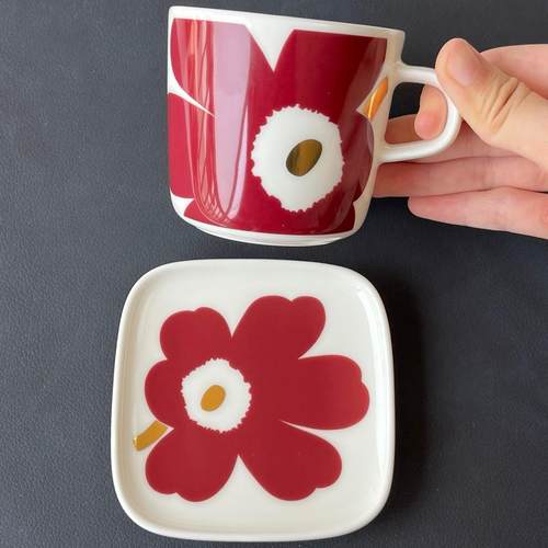 新款芬兰Marimekko Unikko黑色花马克咖啡杯盘子碗花朵杯陶瓷餐具 - 图3