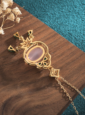 中国风古典旗袍配饰古法镀金工艺镶嵌天然玉髓玛瑙复古钱袋项链女