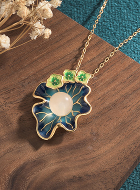 中国风宫廷复古旗袍首饰品冷珐琅工艺莲蓬荷叶天然玉髓玛瑙项链女