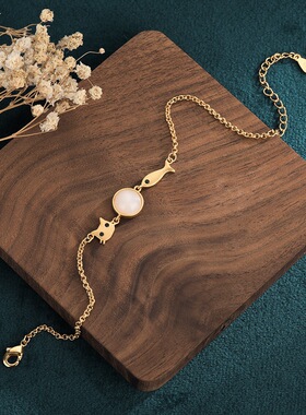 网红复古手链式仿和田玉小猫小鱼宝石小香风趣味少女手链玉石手饰