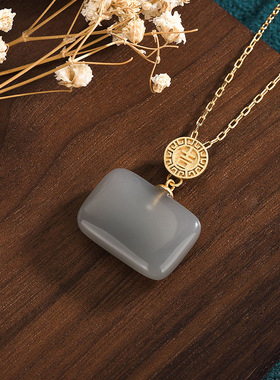 2025夏季新品国潮风复古法鎏金镶嵌仿烟紫和田玉无事方牌挂坠项链
