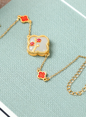 2025夏季新品宫廷国潮古风配饰四叶草镶嵌仿和田玉设计感小众手链