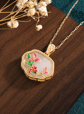 宫廷汉服珐琅彩如意平安锁吊坠项链仿和田玉妈妈款复古装国风首饰