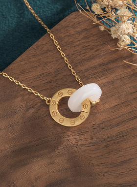 宫廷设计古法金合成和田玉圆环白玉国潮玉石吊坠挂坠女锁骨链项链