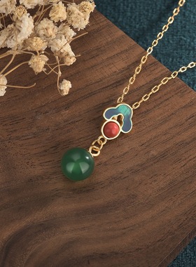 网红旗袍配饰女项链复古式宫廷风设计珐琅彩铜镀金烧蓝绿玉髓吊坠