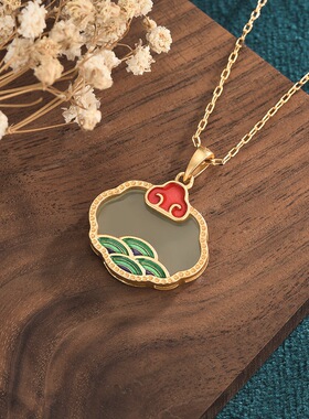 宫廷设计复古法鎏金镶嵌仿新疆和田玉珐琅平面如意锁玉石吊坠挂件