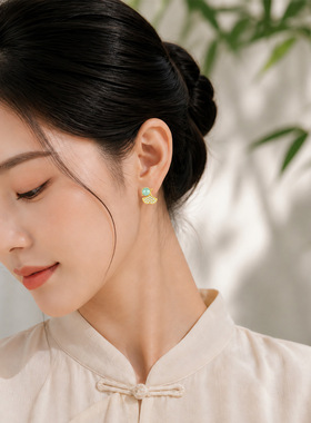 新中式银杏叶天然危料翡翠耳钉女镀金色复古国风温柔气质茶服耳饰