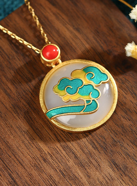 中国风宫廷配饰珐琅彩滴釉祥云镶仿和田玉平安无事牌玉坠复古项链