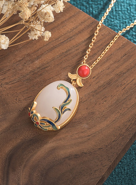 网红中国风古法金镶和田玉珐琅吊坠女宫廷复古装汉服旗袍气质项链
