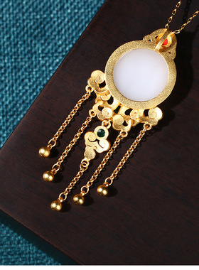 中国风古典宫廷配饰珐琅镀金平安无事牌复古仿和田玉流苏挂坠项链