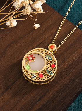 汉服国潮珐琅平安扣吊坠仿和田玉镀金项链女复古装宫廷风旗袍饰品